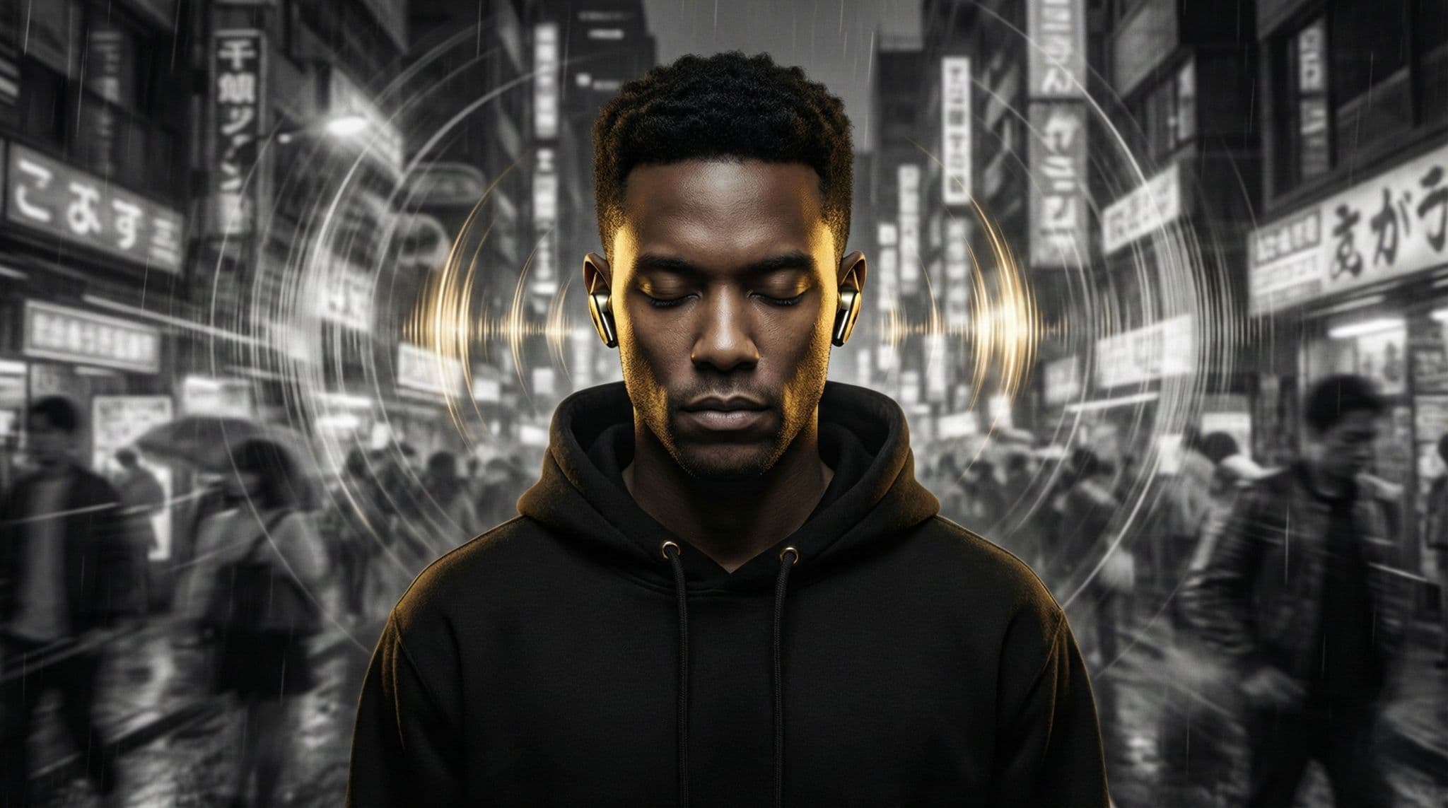 seorang pria berhoodie mengenakan bose dan dunia seketika jadi hening